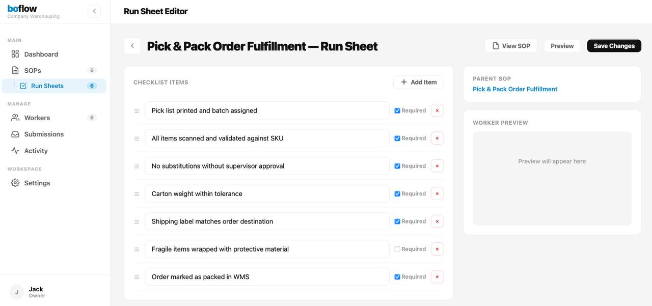 Run sheet editor with checklist items and required toggles
