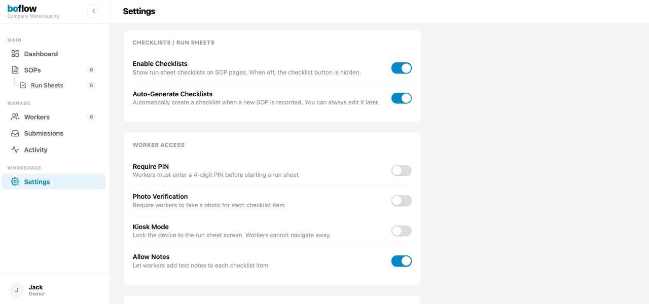 Settings page with checklist toggles and worker access controls
