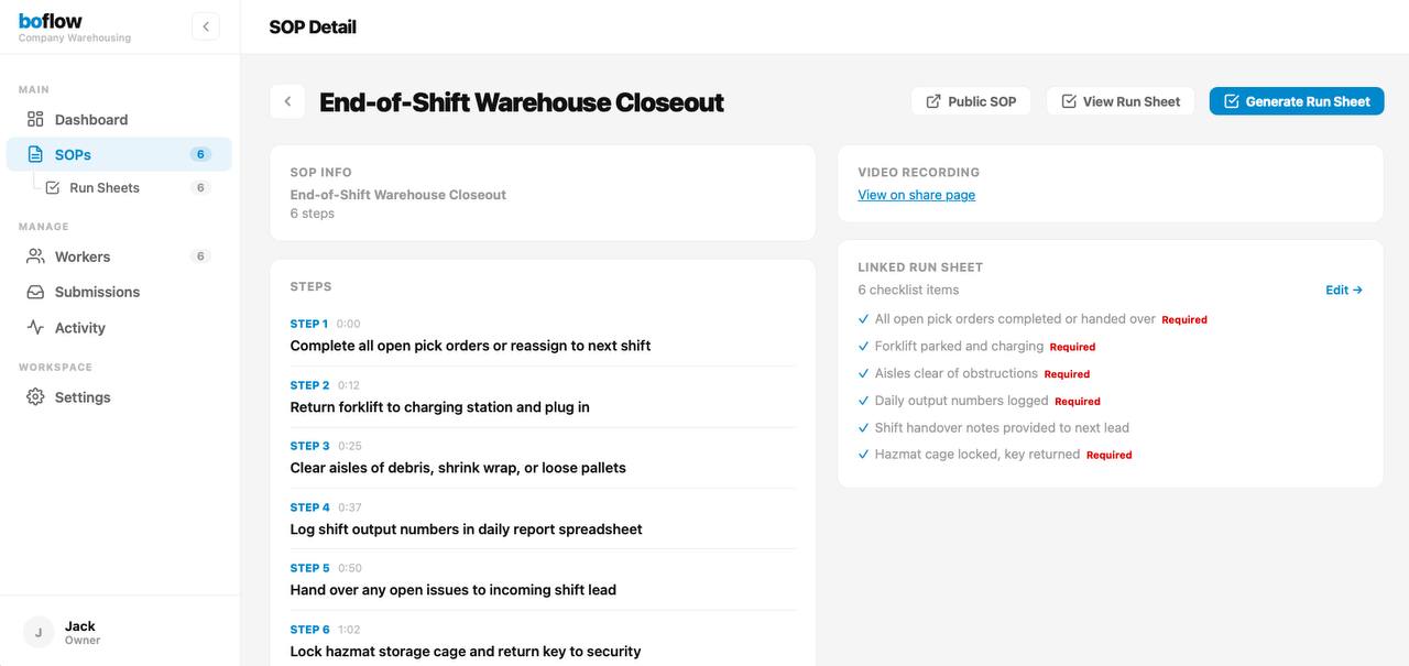 SOP detail page showing steps, linked run sheet, and video
