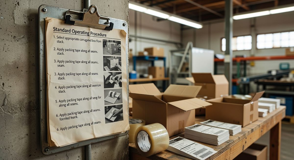 Printed SOP posted at a warehouse workstation