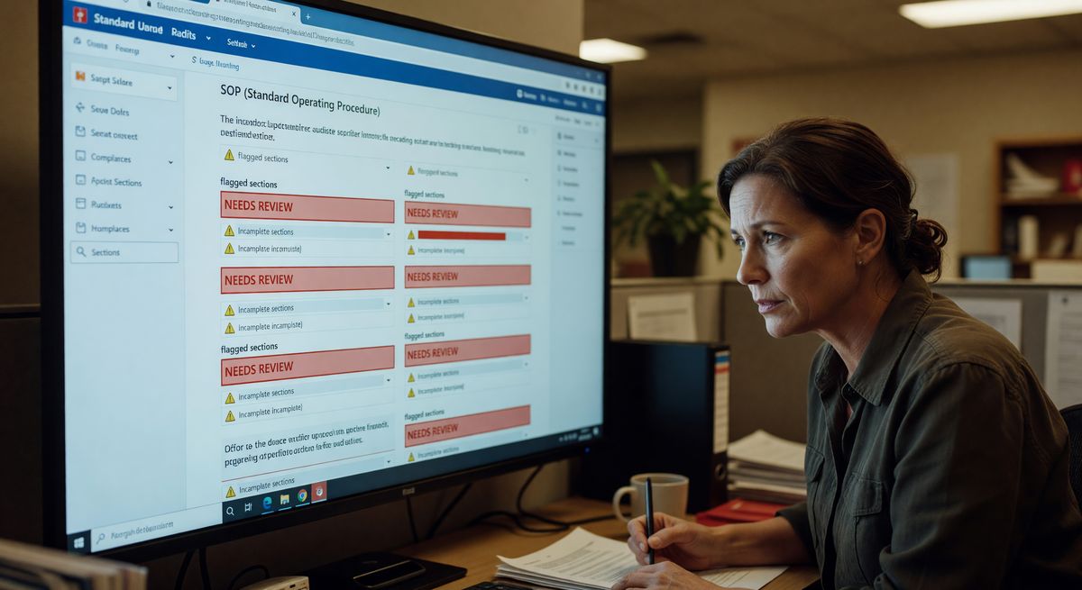 A compliance dashboard highlighting flagged sections in an SOP document, showing which areas need review before an audit
