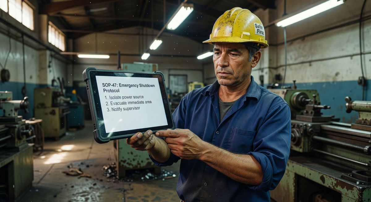 Screenshot of a clean, simple SOP displayed on a tablet being held by a worker on a factory floor