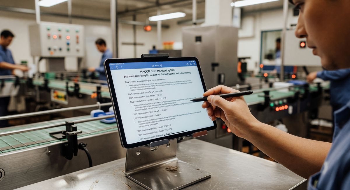 screenshot showing a HACCP CCP monitoring SOP displayed on a tablet at a production line workstation