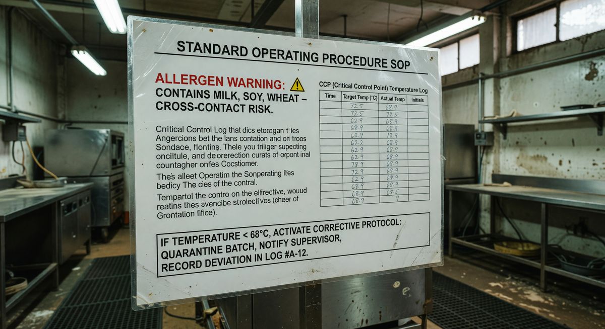 example of a food manufacturing SOP showing allergen warning callout, CCP temperature log field, and corrective action trigger step