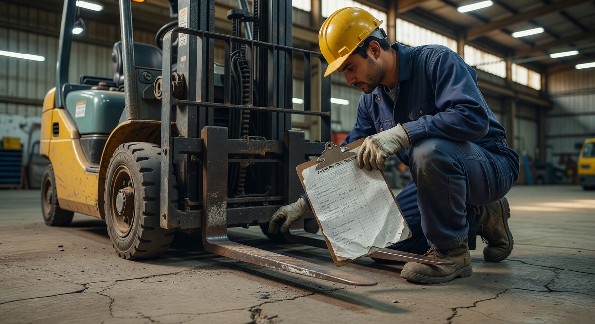 A warehouse operator performing a forklift pre-shift inspection, checking tires and forks, with a paper checklist visible