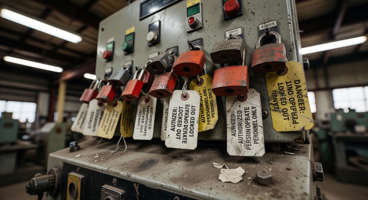 A close-up of lockout/tagout padlocks and tags on an industrial machine control panel in a warehouse setting