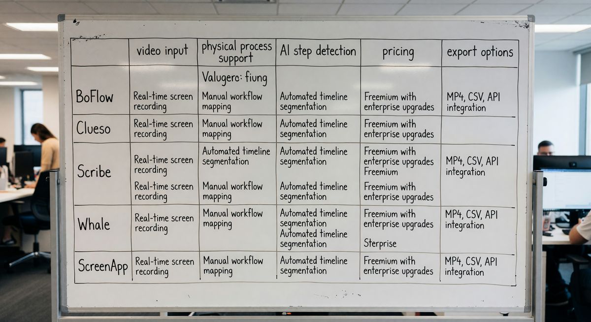 Comparison table showing BoFlow, Clueso, Scribe, Whale, and ScreenApp across columns for video input, physical process support, AI step detection, pricing, and export options