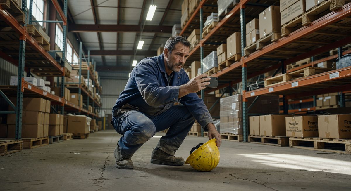 Photo of an ops manager filming a process with a phone on a warehouse floor, with a hard hat visible and shelving in the background