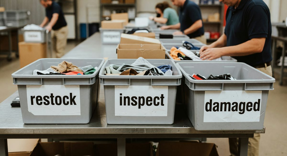 A returns processing area with labeled bins for "restock," "inspect," and "damaged" items