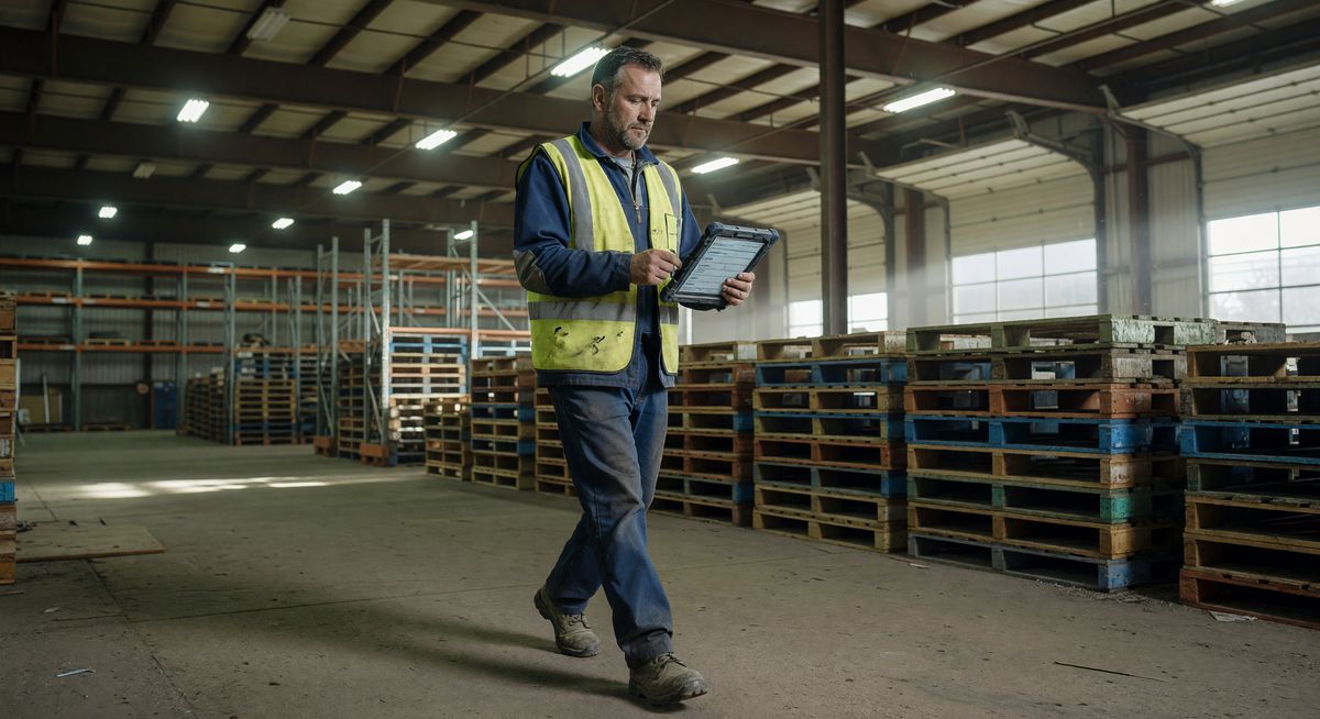 A warehouse supervisor walking through a checklist on a tablet during opening rounds, with lights and dock doors visible in the background