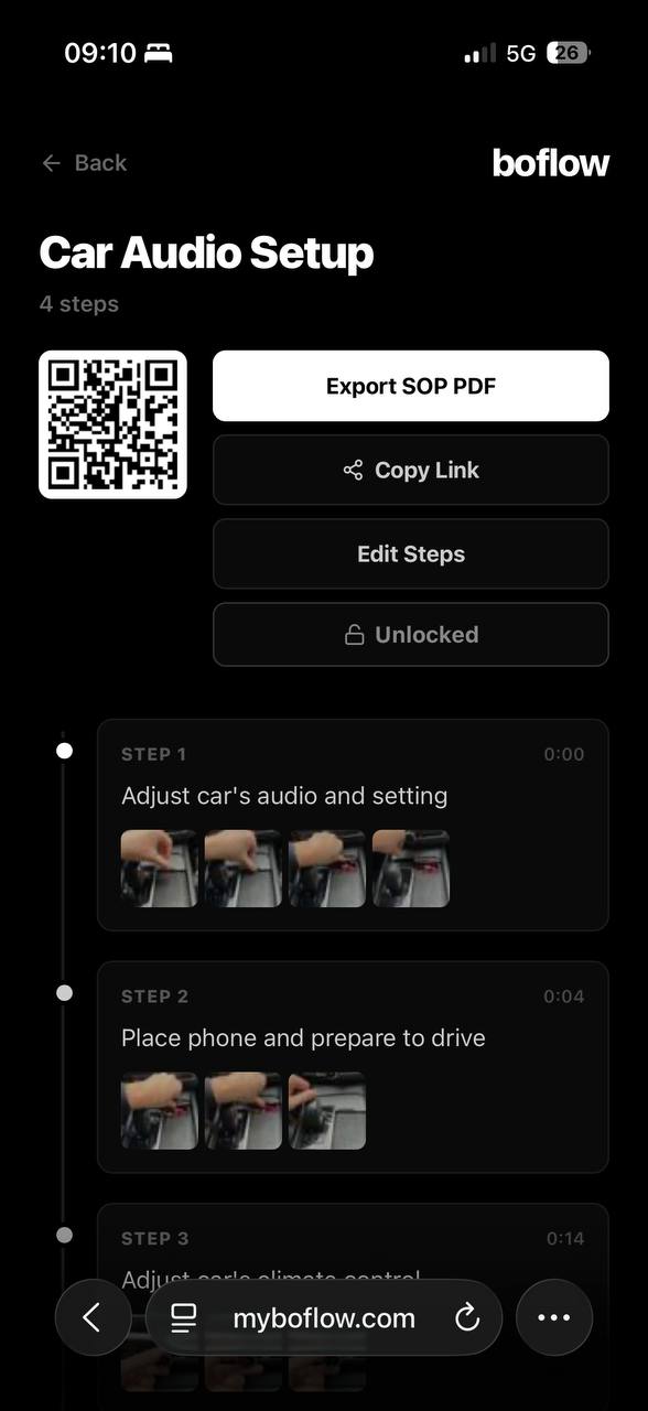 Boflow SOP page showing car audio setup workflow with steps and images